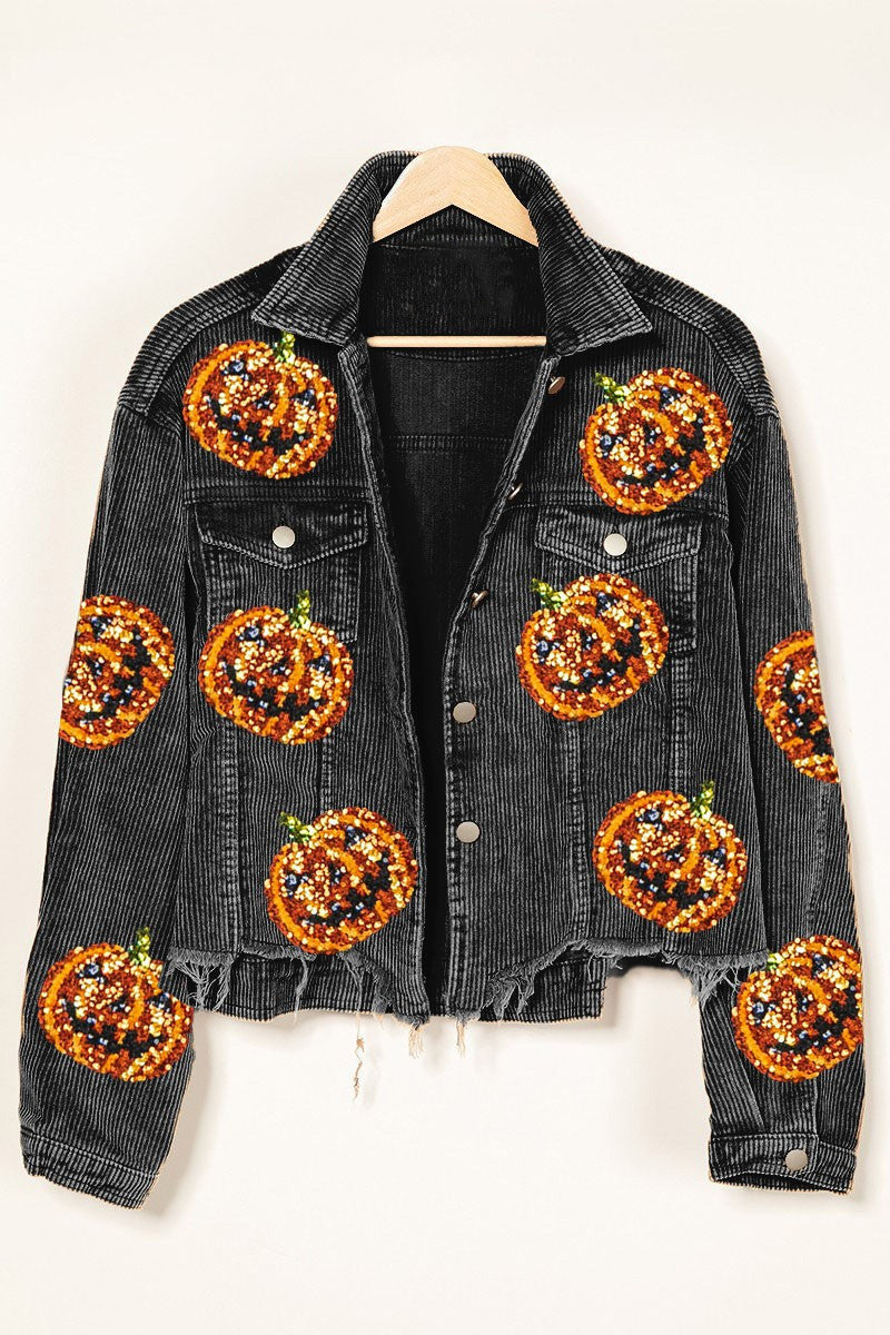 Ladies Fall Winter Coat Halloween Pumpkin Sequined Distressed Corduroy Jacket