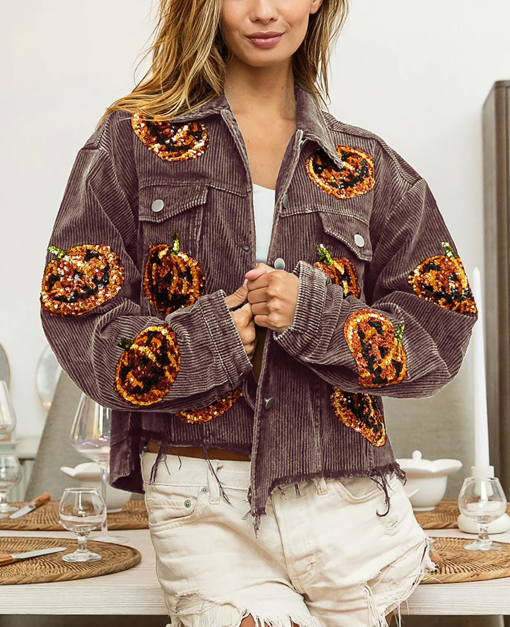 Ladies Fall Winter Coat Halloween Pumpkin Sequined Distressed Corduroy Jacket