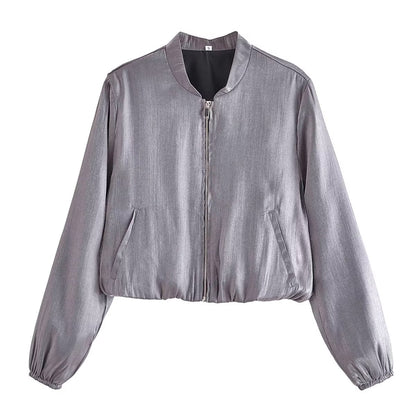 Autumn Women Clothing Metal Foil Silk Satin Texture Jacket Coat