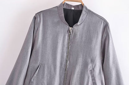 Autumn Women Clothing Metal Foil Silk Satin Texture Jacket Coat