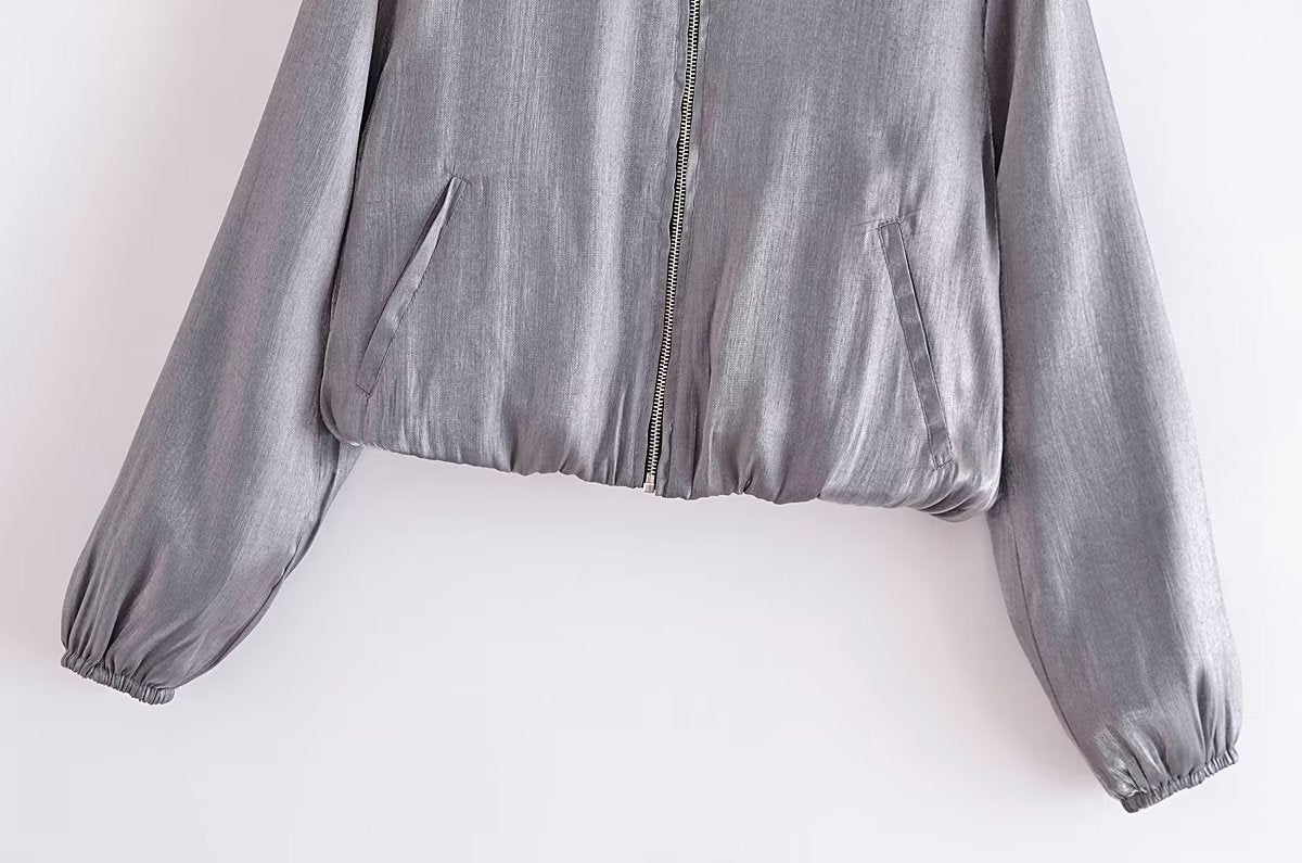 Autumn Women Clothing Metal Foil Silk Satin Texture Jacket Coat