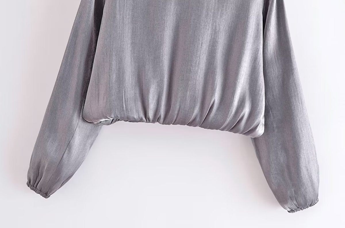 Autumn Women Clothing Metal Foil Silk Satin Texture Jacket Coat