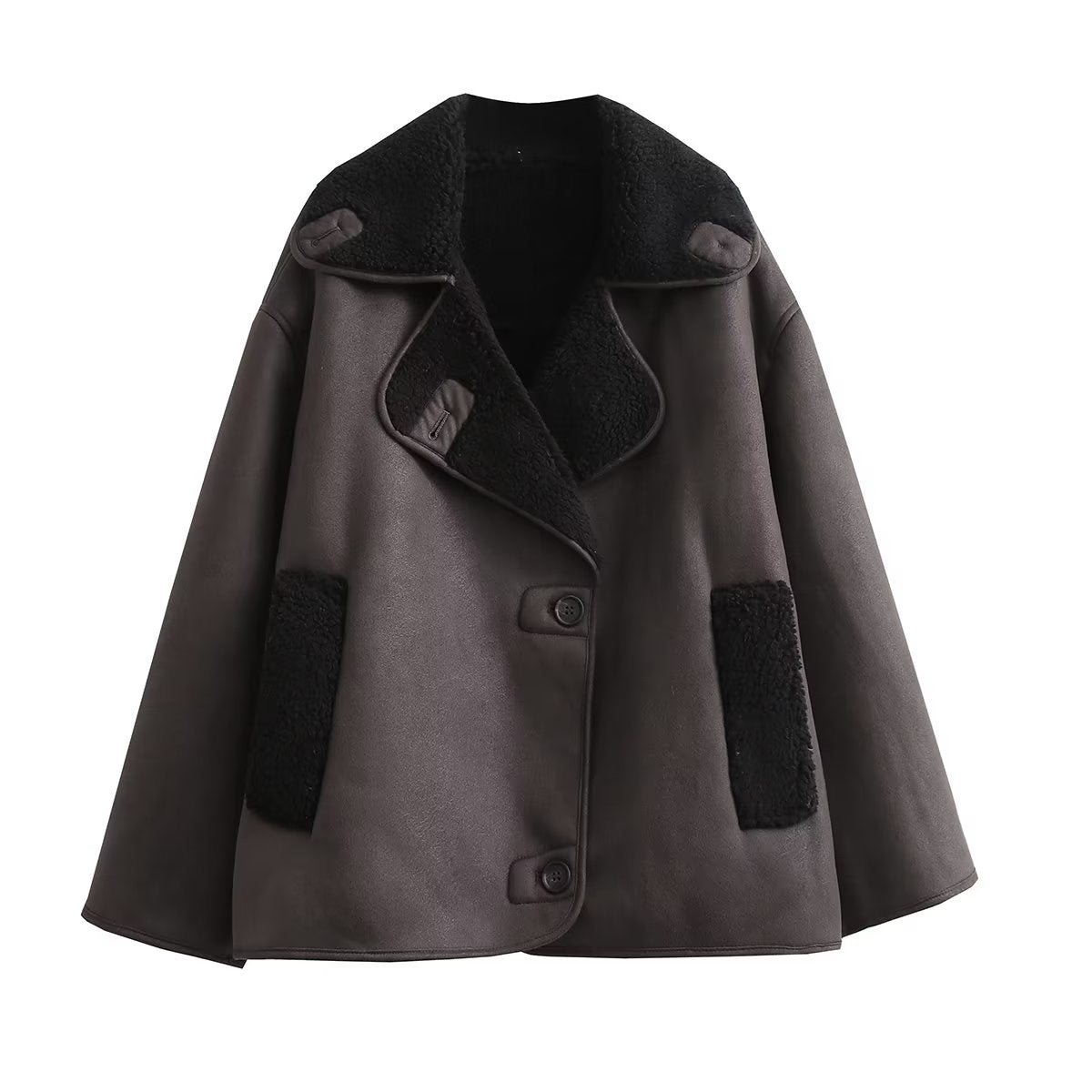 Autumn Winter Women Clothing Retro Imitation Lamb Wool Collared Faux Jacket Coat