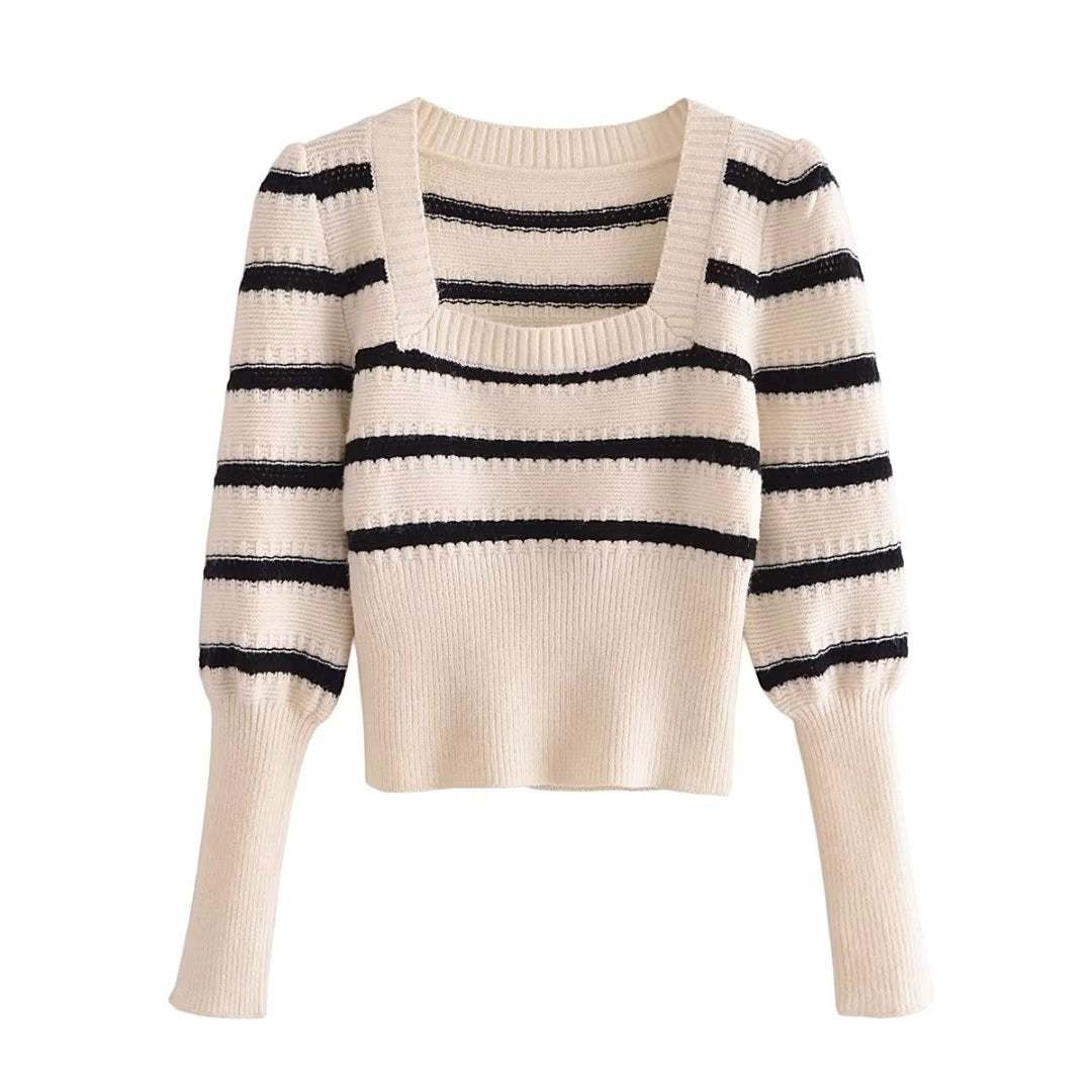 Autumn Ladies Striped Puff Sleeve Sweater Square Collar Long Sleeve Short Sweater Sweater