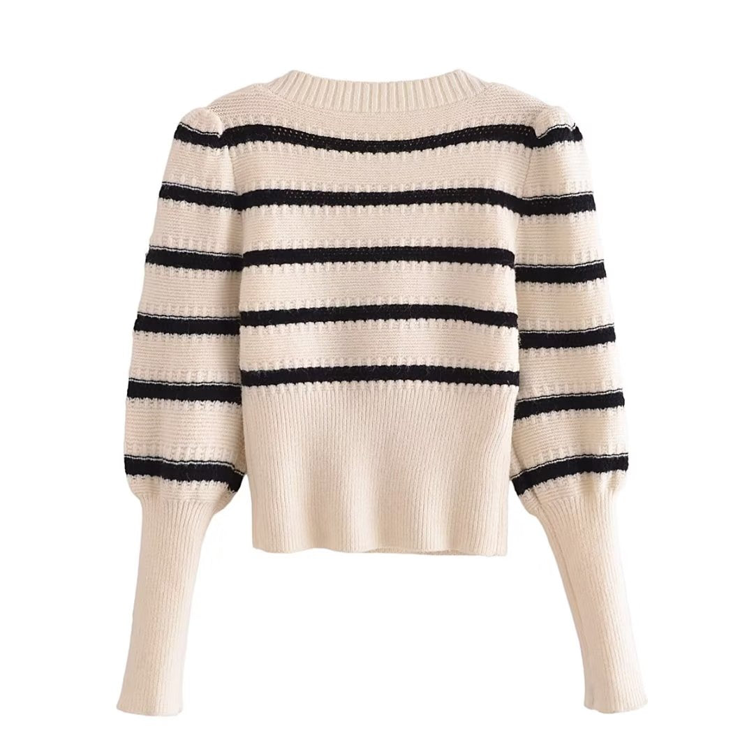 Autumn Ladies Striped Puff Sleeve Sweater Square Collar Long Sleeve Short Sweater Sweater