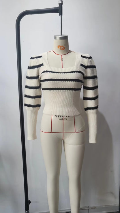 Autumn Ladies Striped Puff Sleeve Sweater Square Collar Long Sleeve Short Sweater Sweater