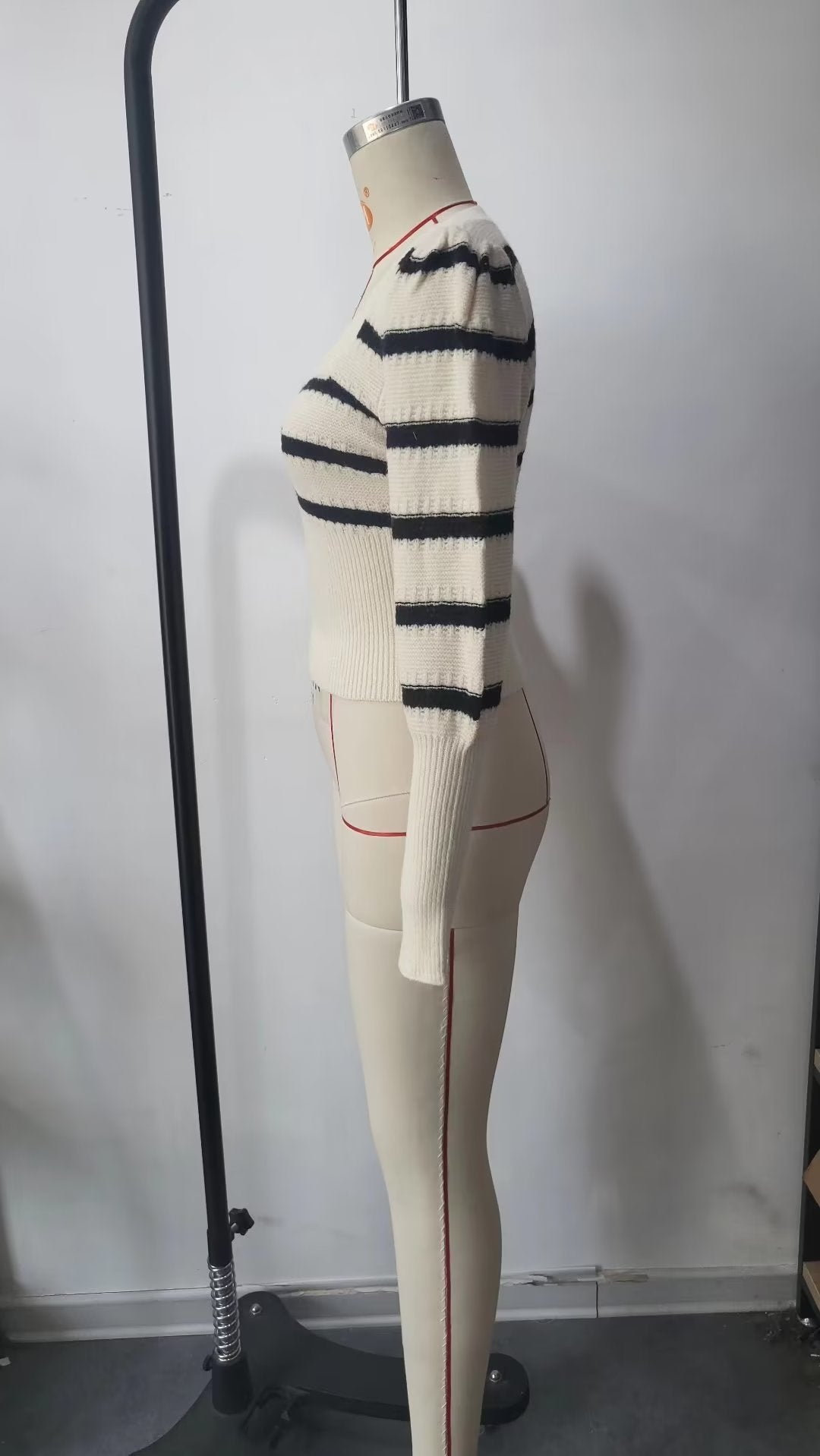 Autumn Ladies Striped Puff Sleeve Sweater Square Collar Long Sleeve Short Sweater Sweater