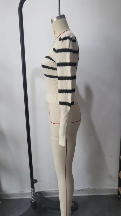 Autumn Ladies Striped Puff Sleeve Sweater Square Collar Long Sleeve Short Sweater Sweater