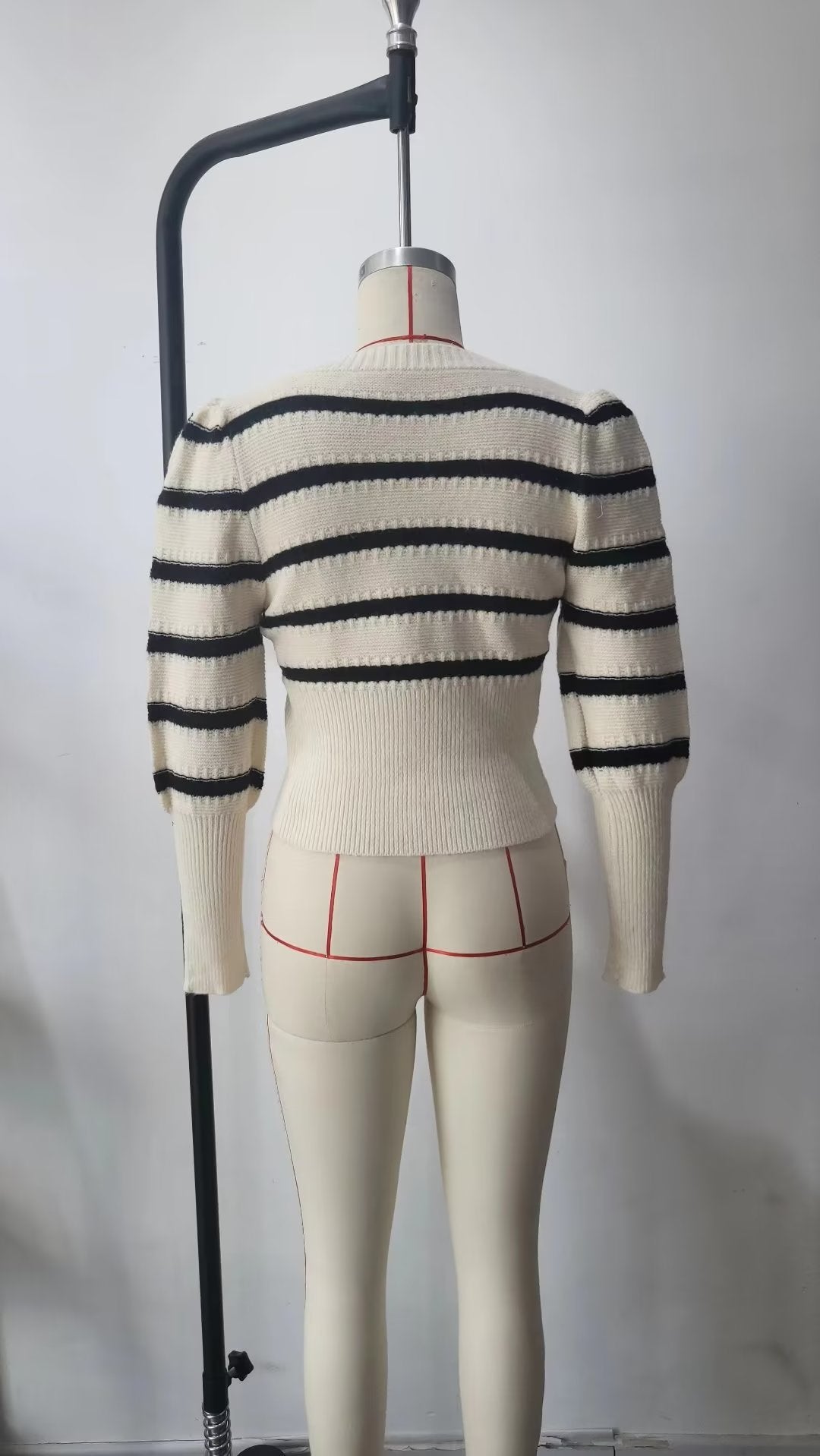 Autumn Ladies Striped Puff Sleeve Sweater Square Collar Long Sleeve Short Sweater Sweater