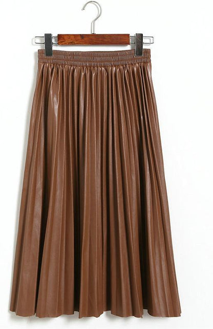 Autumn Winter Korean Fashionable Faux Leather Pleated Leather Skirt High Waist Mid Length Pleated Umbrella Skirt