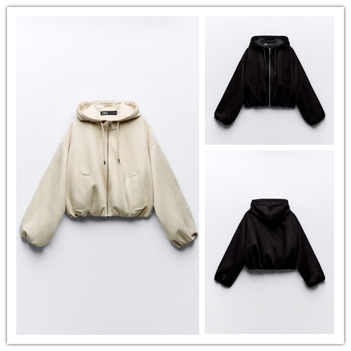 Preppy Loose Hooded Pleated Suede Texture Effect Short Jacket