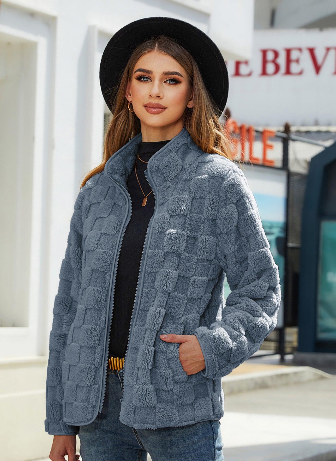 Autumn Winter Women Clothing Long Sleeve Cardigan Zipper Loose Solid Color Plaid Plush Coat