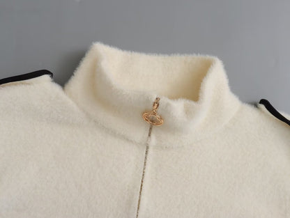 Fall Women Clothing White Pocket Stand Collar Casual Mink like Short Coat