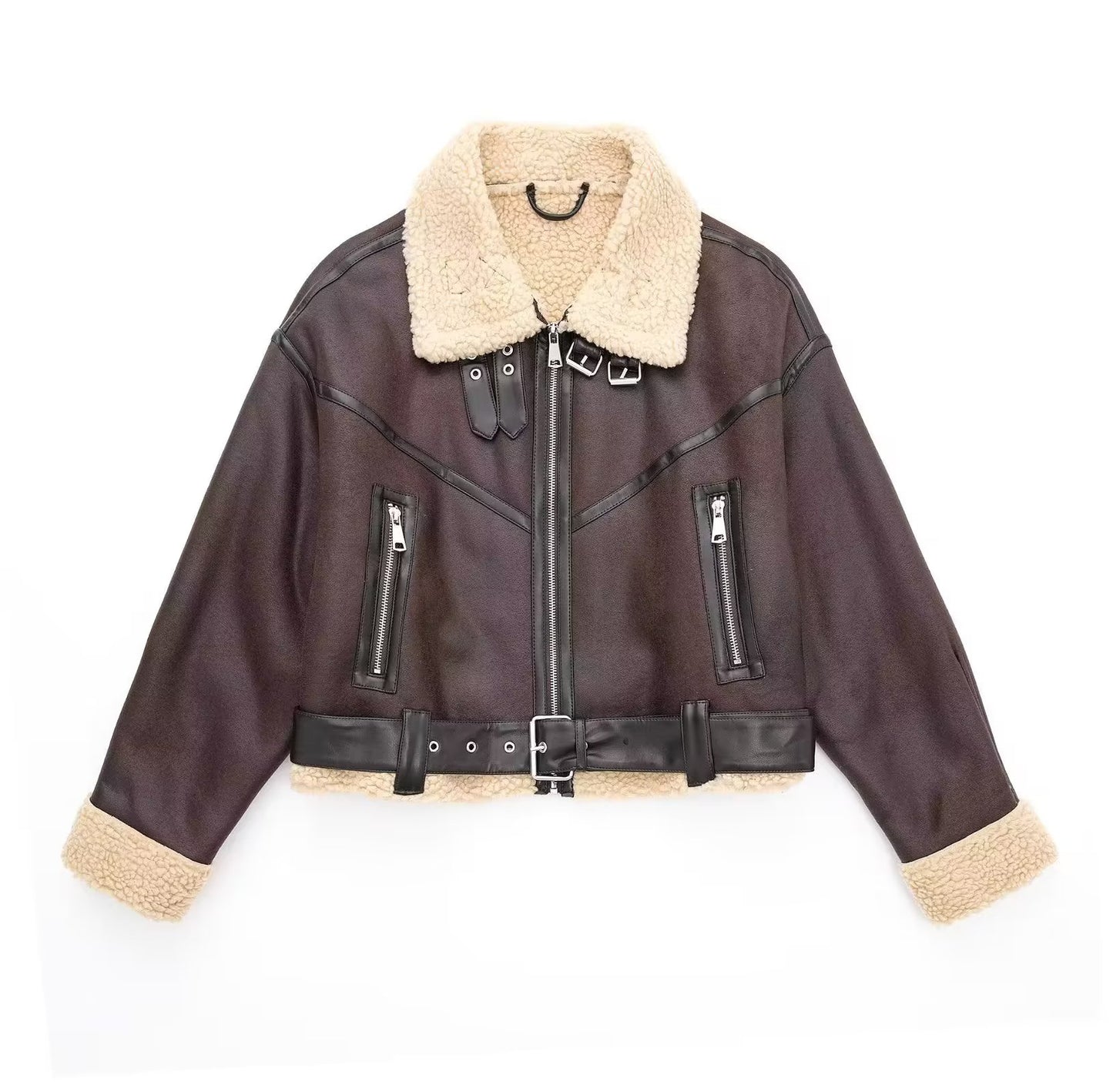 Autumn Winter Faux Shearling Jacket Cool Sexy Women Clothing Street Collared Short Motorcycle Jacket