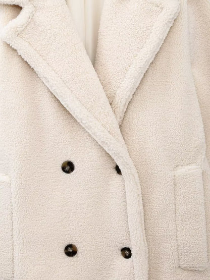 Women Double Breasted Casual Fleece Overcoat Jacket