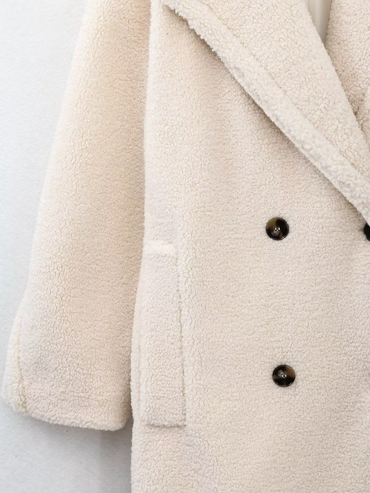 Women Double Breasted Casual Fleece Overcoat Jacket