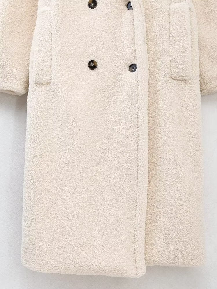 Women Double Breasted Casual Fleece Overcoat Jacket