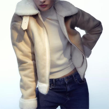 Personality Street Trend Women Jacket Early Autumn Colorblock Zipper Coat