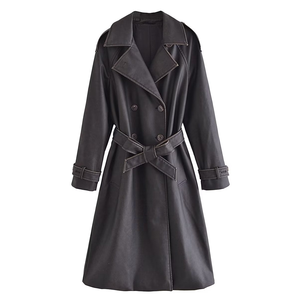 Autumn Winter Women Long Sleeve Collared Bow Waist Distressed Effect Faux Leather Trench Coat
