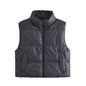 Autumn Popular Casual Black Faux Leather Stand Collar Sleeveless Cotton Padded Jacket Vest Women