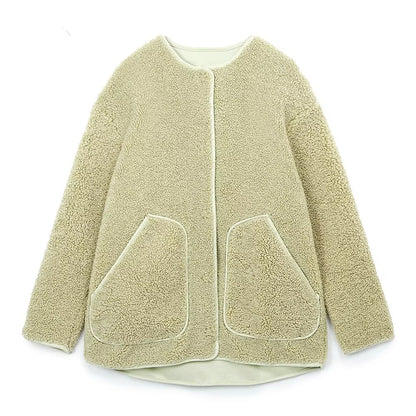 Autumn Winter Women Round Neck Lamb Wool Warm Loose Slimming Youthful Looking Fleece Jacket Coat