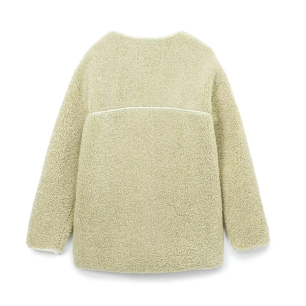 Autumn Winter Women Round Neck Lamb Wool Warm Loose Slimming Youthful Looking Fleece Jacket Coat