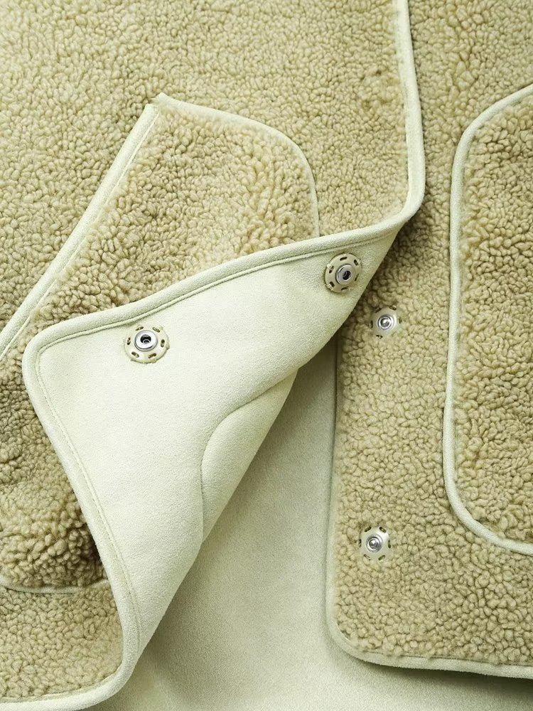 Autumn Winter Women Round Neck Lamb Wool Warm Loose Slimming Youthful Looking Fleece Jacket Coat