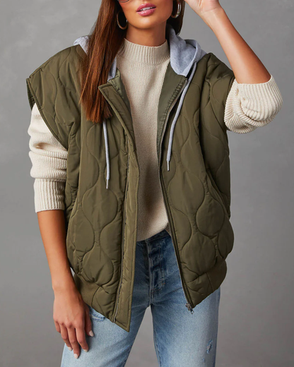 Ladies Autumn Winter Vest  Quilted Cotton Solid Color Loose Thick Hooded Zipper Storage Cotton Jacket