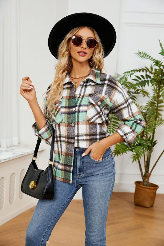 Autumn Winter Button Collared Loose Long Sleeve Plaid Wool Coat Women