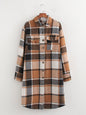 Spring Autumn Women Clothing Long-Sleeved Plaid Brushed Mid Length Pocket Shirt