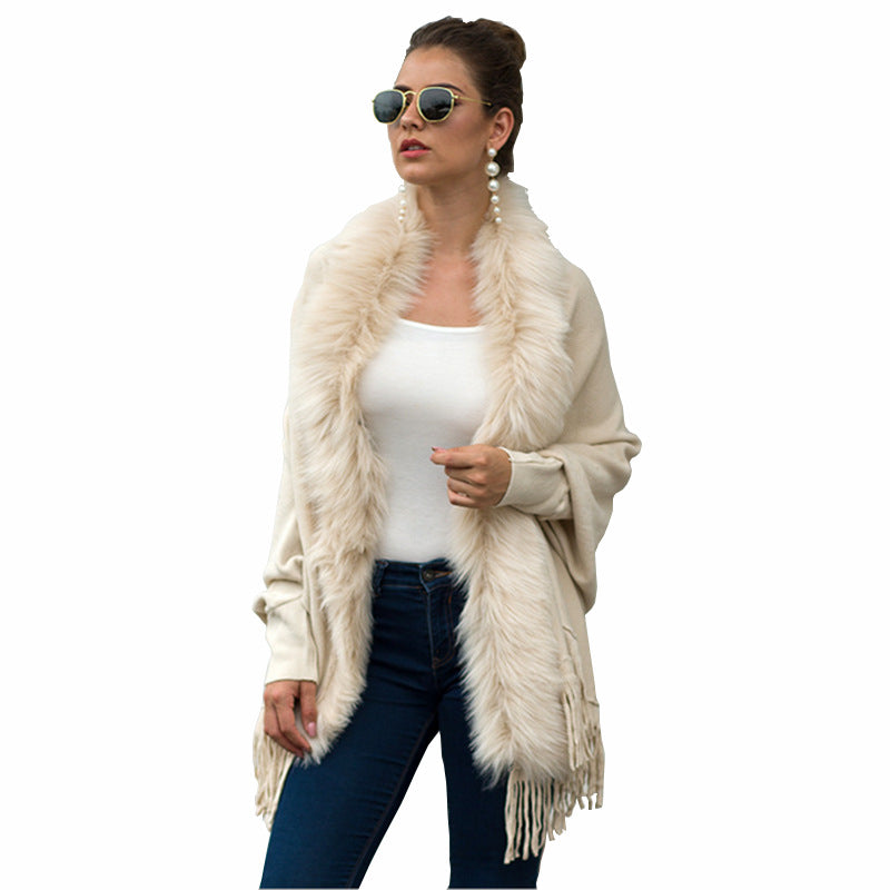 Autumn Winter Tassel Cape Shawl Fur Collar Cloak Solid Color Cardigan Sweater