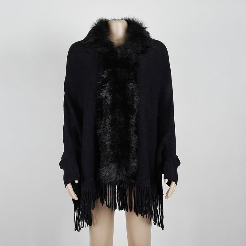 Autumn Winter Tassel Cape Shawl Fur Collar Cloak Solid Color Cardigan Sweater