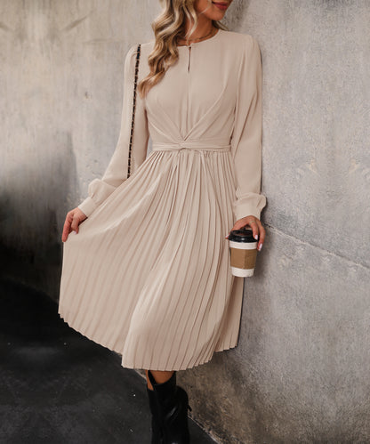 Women Clothing Solid Color Long Sleeve Pleated Dress Autumn Women