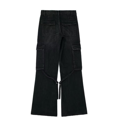 Women Loose Strap Accessories Mid Waist Cargo Jeans Trousers