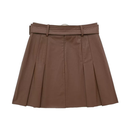 Metallic Coated Fabric Autumn Women Clothing Faux Leather Wide Pleated Mini Skirt