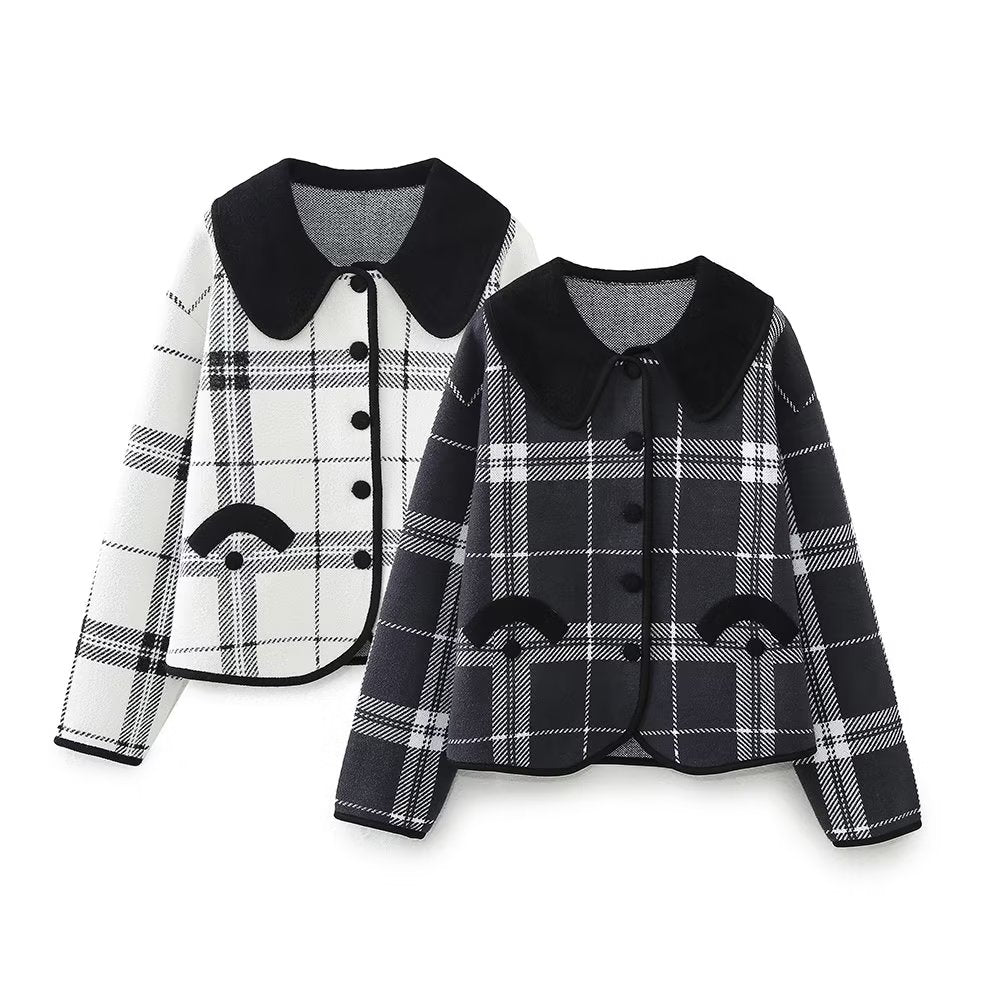 Early Autumn Multi-Romantic Factor Plaid Classic Black White Plaid Peter Pan Collar Knitted Short Coat