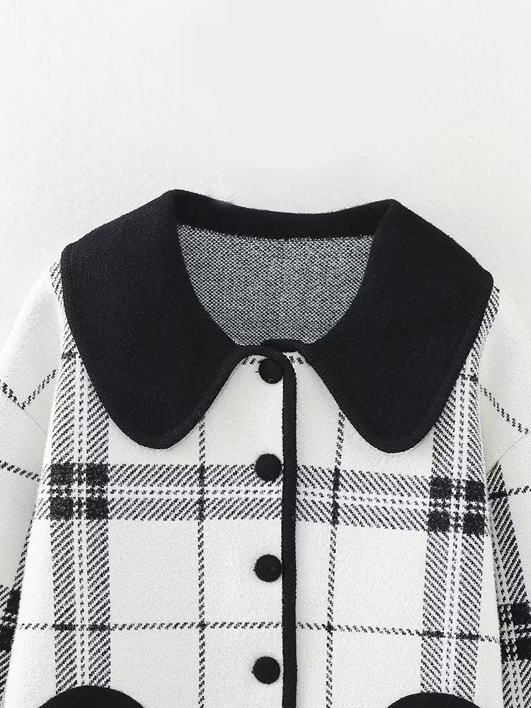 Early Autumn Multi-Romantic Factor Plaid Classic Black White Plaid Peter Pan Collar Knitted Short Coat