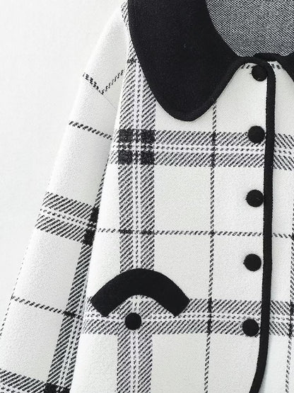 Early Autumn Multi-Romantic Factor Plaid Classic Black White Plaid Peter Pan Collar Knitted Short Coat