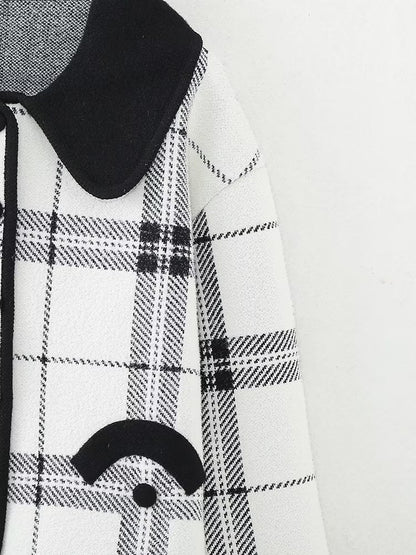 Early Autumn Multi-Romantic Factor Plaid Classic Black White Plaid Peter Pan Collar Knitted Short Coat