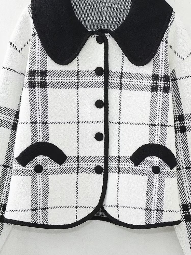 Early Autumn Multi-Romantic Factor Plaid Classic Black White Plaid Peter Pan Collar Knitted Short Coat