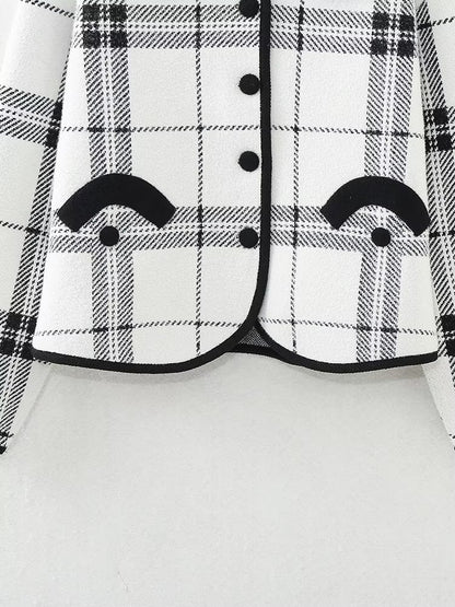 Early Autumn Multi-Romantic Factor Plaid Classic Black White Plaid Peter Pan Collar Knitted Short Coat