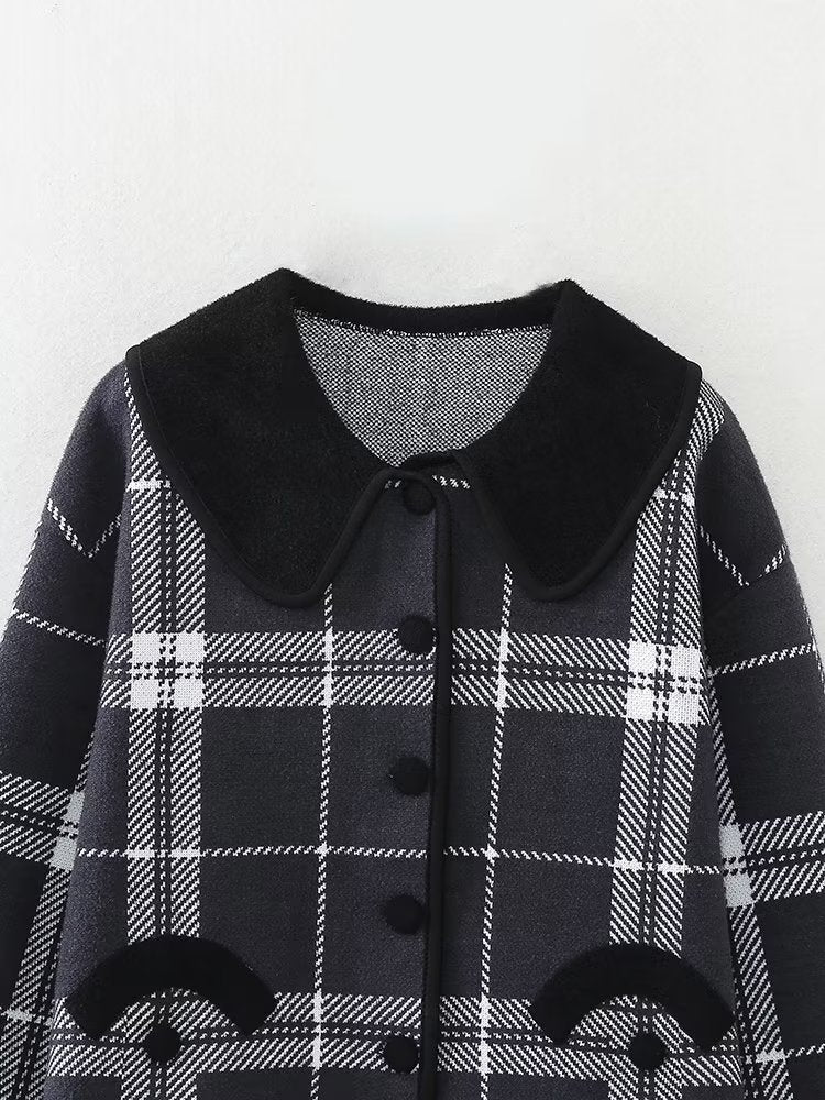 Early Autumn Multi-Romantic Factor Plaid Classic Black White Plaid Peter Pan Collar Knitted Short Coat