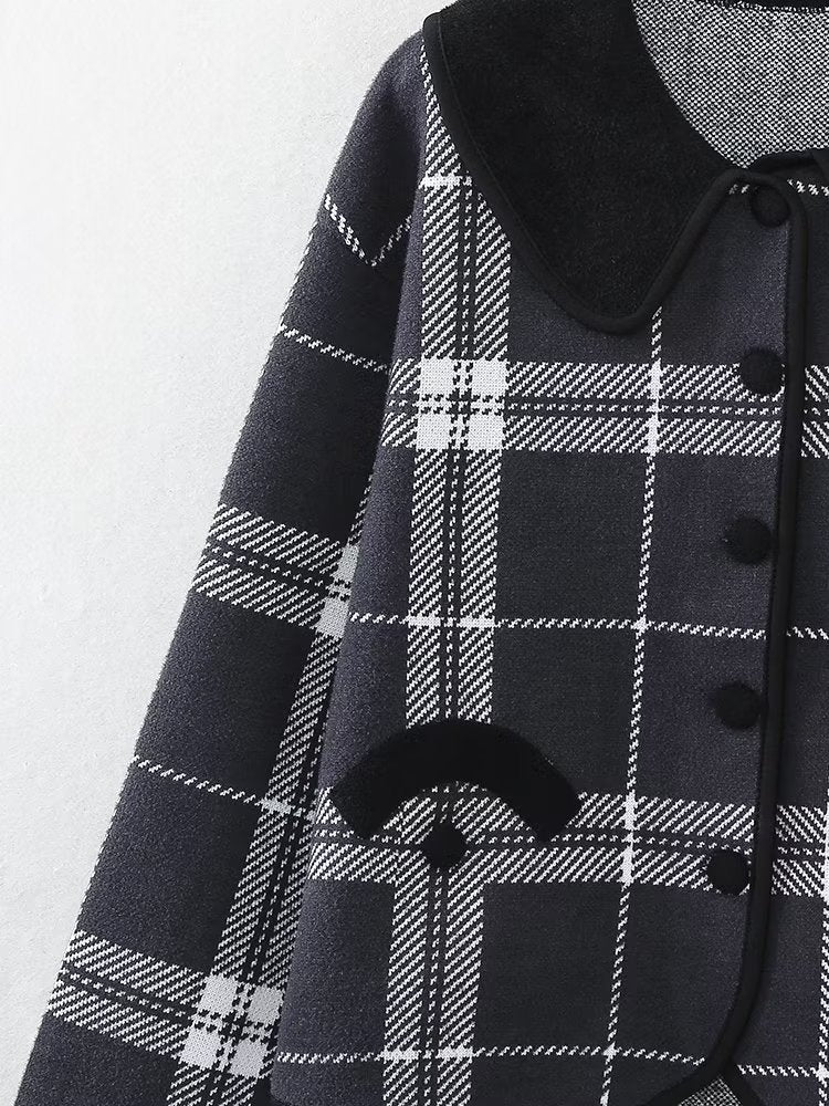 Early Autumn Multi-Romantic Factor Plaid Classic Black White Plaid Peter Pan Collar Knitted Short Coat