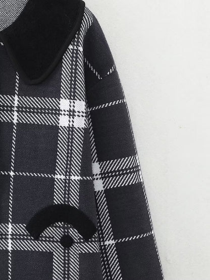 Early Autumn Multi-Romantic Factor Plaid Classic Black White Plaid Peter Pan Collar Knitted Short Coat