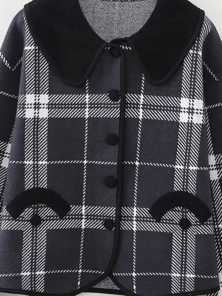 Early Autumn Multi-Romantic Factor Plaid Classic Black White Plaid Peter Pan Collar Knitted Short Coat