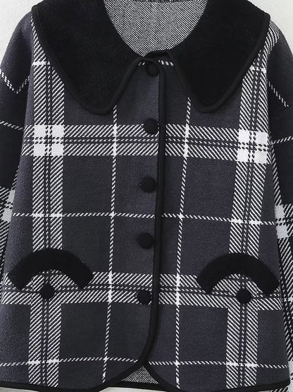 Early Autumn Multi-Romantic Factor Plaid Classic Black White Plaid Peter Pan Collar Knitted Short Coat