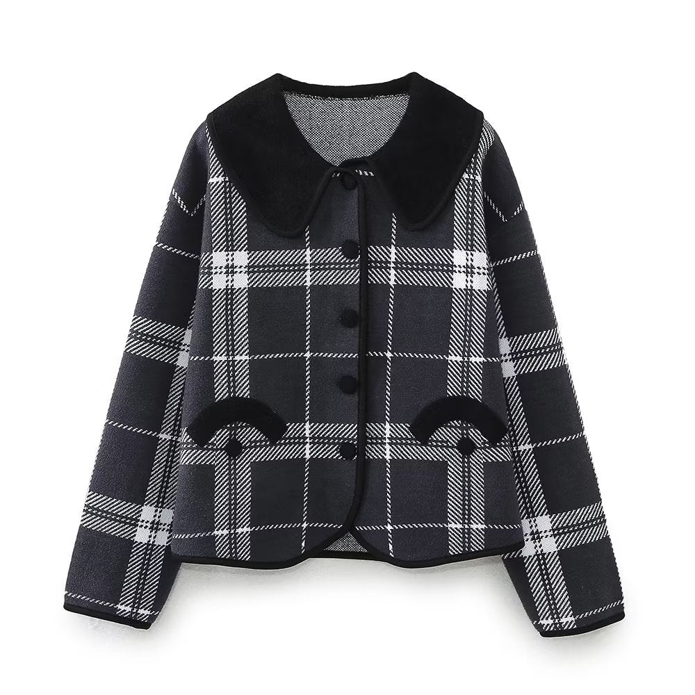 Early Autumn Multi-Romantic Factor Plaid Classic Black White Plaid Peter Pan Collar Knitted Short Coat