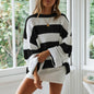 Autumn Winter Women Clothing Sweater Women Curling with round Neck Striped Color Matching Sweater Women