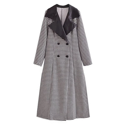 Winter Polo Collar Long Sleeve Double Breasted Houndstooth Overcoat Coat for Women