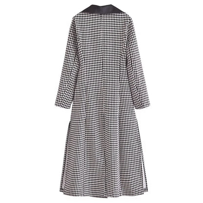 Winter Polo Collar Long Sleeve Double Breasted Houndstooth Overcoat Coat for Women